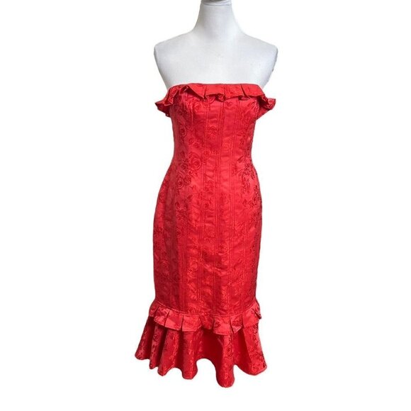 C/MEO Collective Strapless Ruffle Midi Dress Red Sheath Women’s Size Medium - Picture 3 of 13